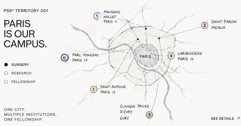 Carte des chirurgiens PSS° en Île-de-France : Saint-Antoine, Saint-Faron à Meaux, Évry, Lariboisière, Maussins-Nollet et Parc Monceau